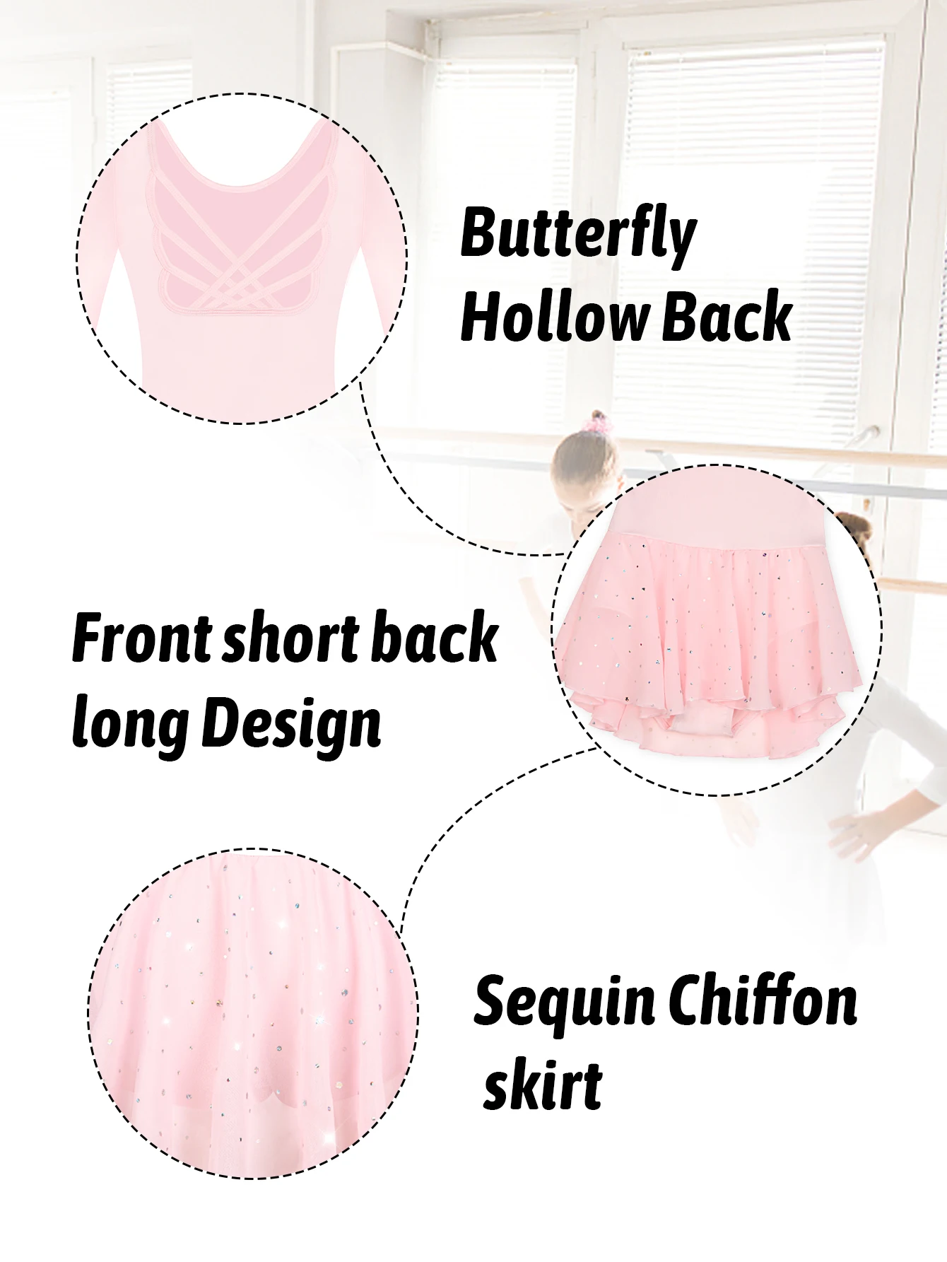 Girls Ballet Leotards Long SleeveToddler Dance Dress Cute Butterfly Hollow Back Shiny Skirt