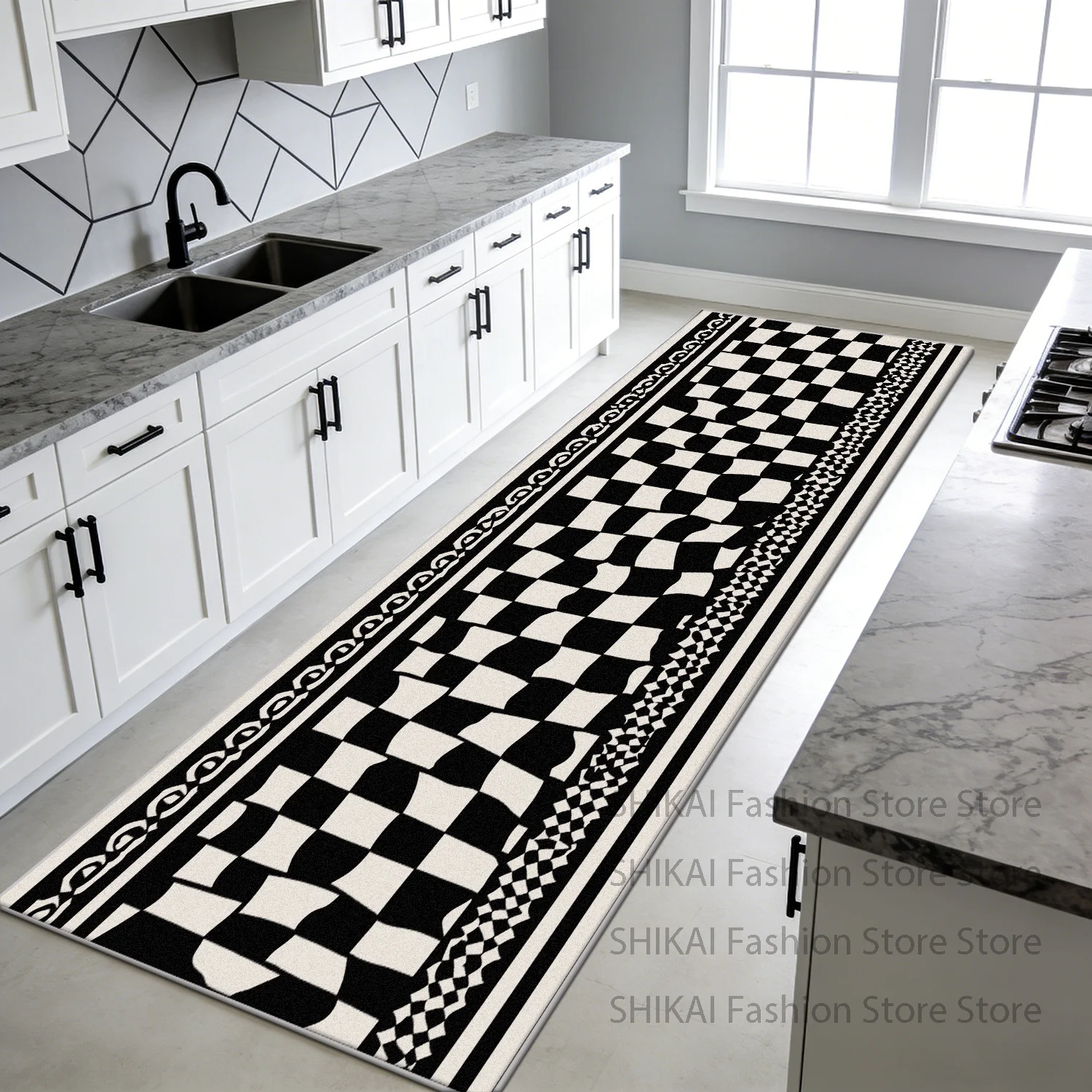 Black White Geometry Easy Clean Kitchen Long Carpet Decoration Bedside Antiskid Soft Rug Foldable Lint-free Doorway Floor Mats