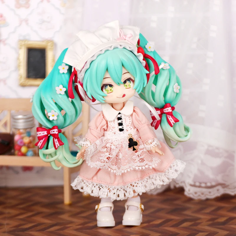 

Sweet Lolita Doll Dress Set Pink Lace Puff Sleeve Dress Ruffle Apron Lace Socks Cotton Doll OB11 1/12 BJDDoll Outfit Accessories
