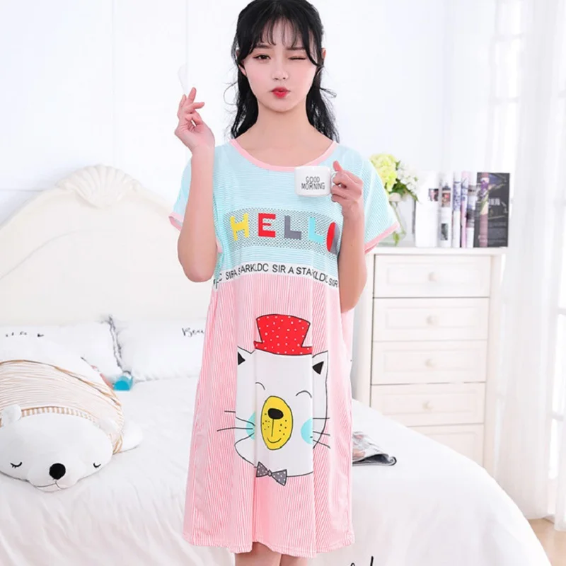 Summer Nightdress Women's Milk Silk Thin Nightdress Plus Size Loose Cute Cartoon Medium Long Pajamas Home Clothes