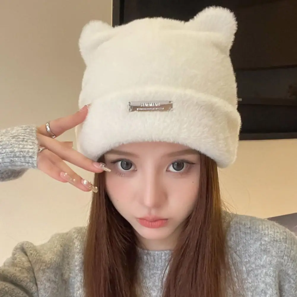 Lovely Iron Label Decorative Beanie Hat With Ears Warm Plush Cat Beanie Winter Faux Fur Beanie Elastic Knitted Hat Women Outdoor