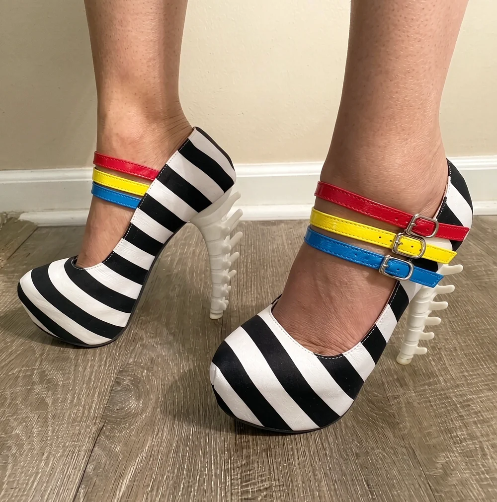 Gothic Style Striped Platform Heels Skeleton Shaped Heel Colorful Ankle Buckle Straps Round Toe Fashion Footwear For Party