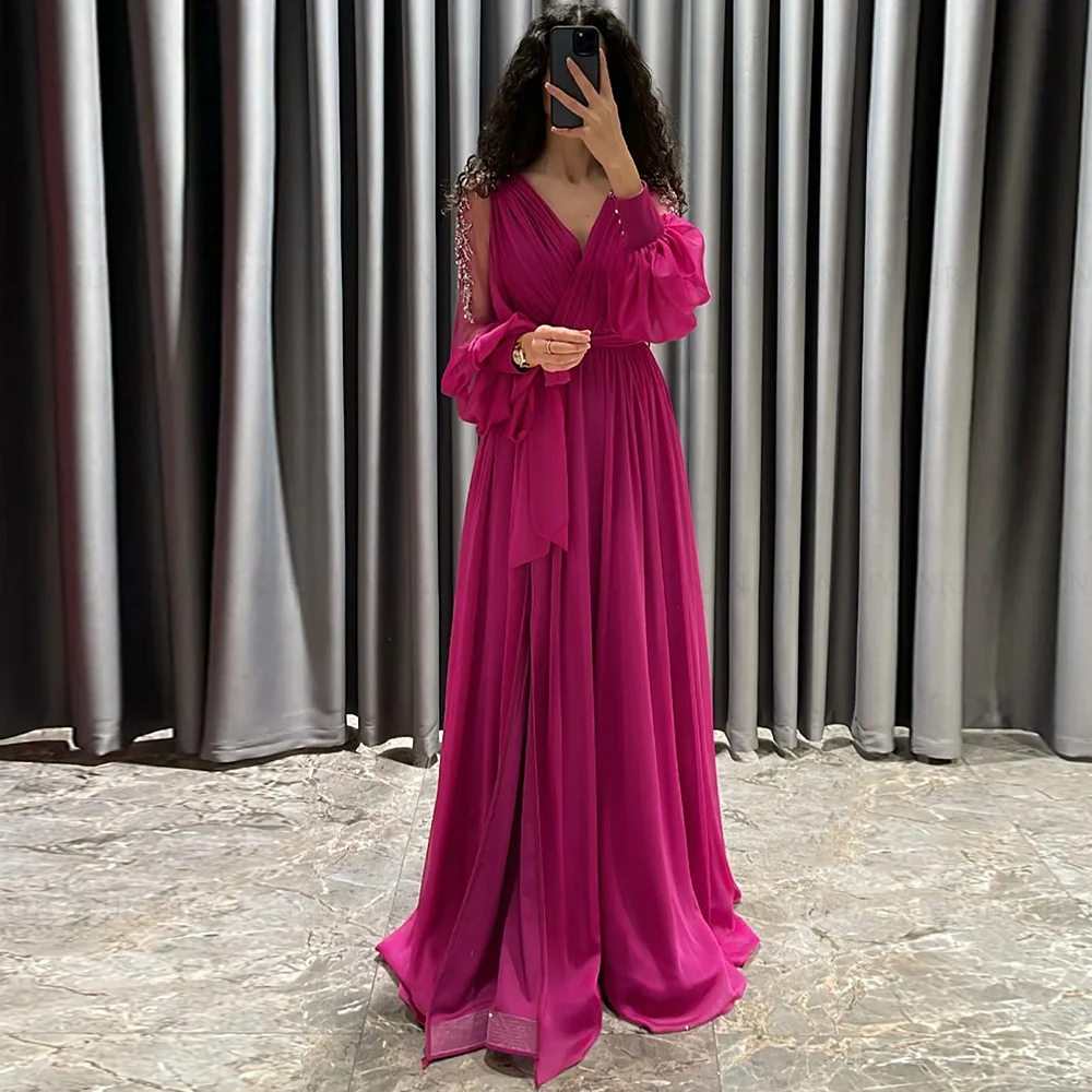 MOLISA Saudi Arabia Chiffon Elegant Formal Occasion Dresses A-Line V-Neck Belt Split Front Evening Party Gowns فساتين الحفلات