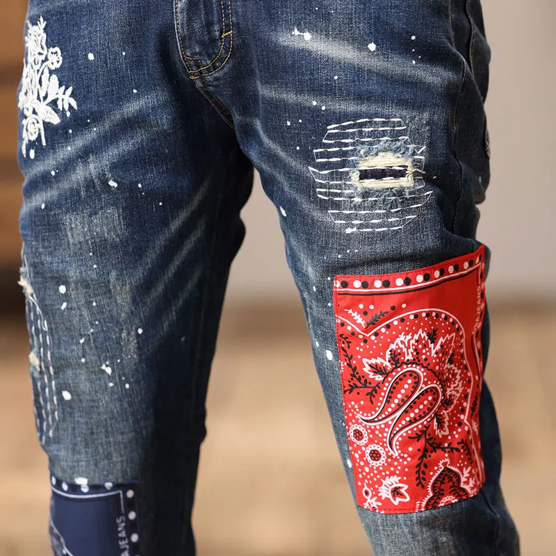 High Street Fashion Men Jeans Retro Blue Stretch Slim Fit Ripped Jeans Men Embroidery Patch Designer Hip Hop Denim Pants Hombre