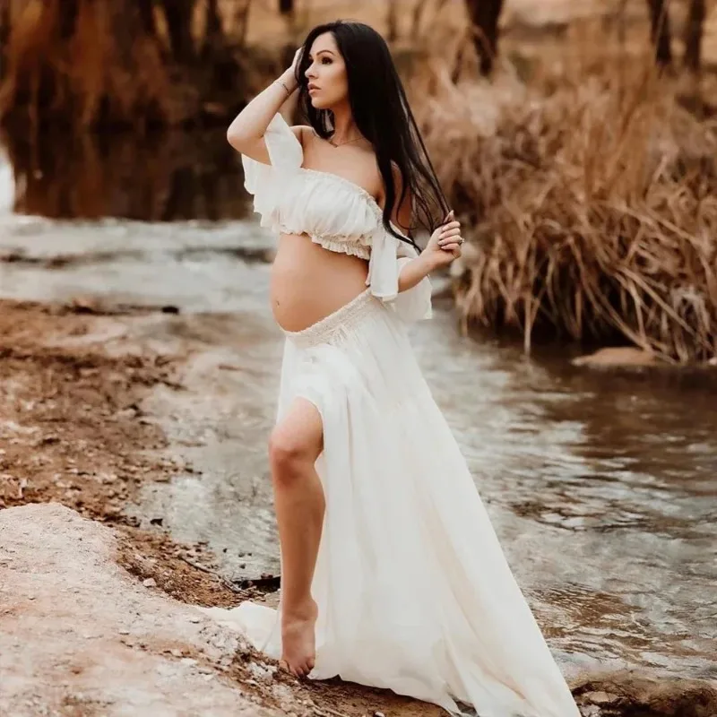

European Maternity Photoshoot Set - Chiffon Two-Piece Ensemble with High-Low Hem & Flowing Train Photography Pregnancy Women