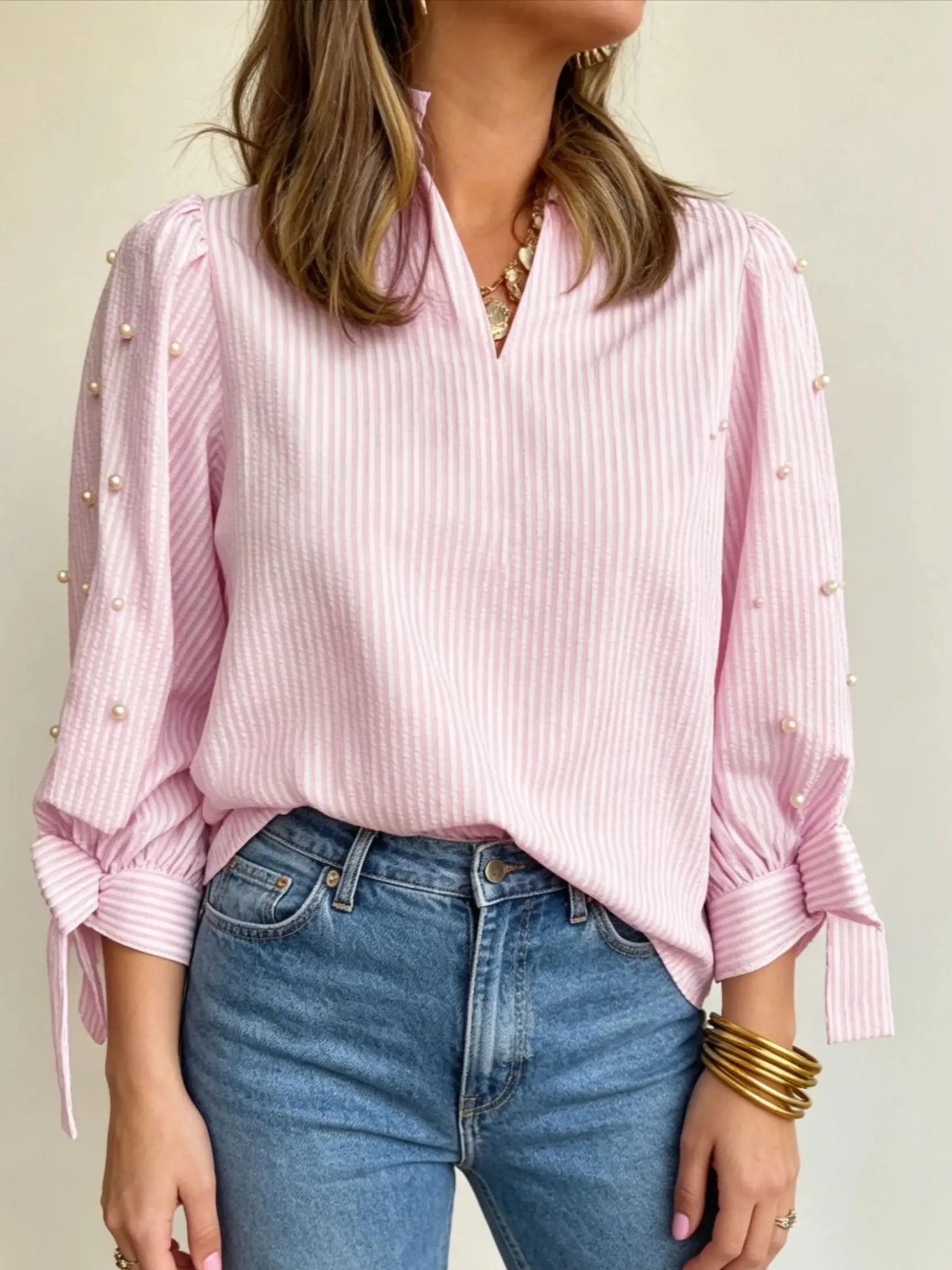

Элегантная розово-белая полосатая блузка с жемчужным бантом на манжетах, длинными рукавами, для повседневных свиданий