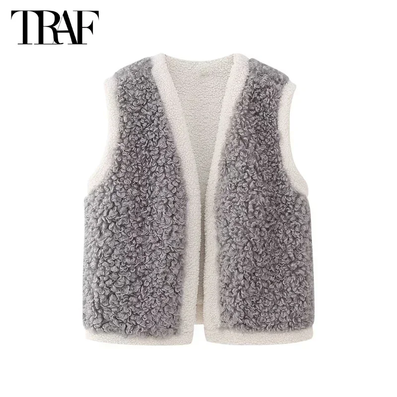 TRAF Faux Wool Cropped Vest Sleeveless Open Vests for Women Coats Woman Autumn Vest Top Women Waistcoat Women's Tailored Vest
