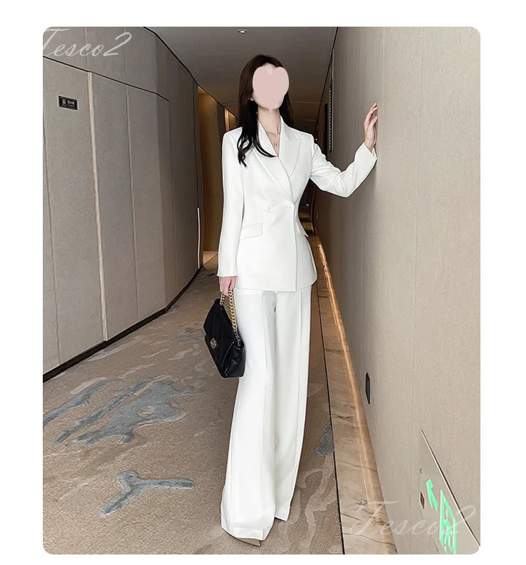 Tesco Women White Elegant Suit Long Sleeve Blazer And Wide Leg Pants 2 Piece Formal Outfits For Party Female Pant Sets 2024