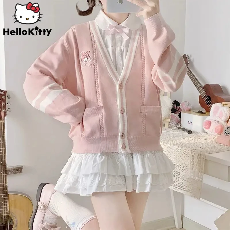 Kawaii Sanrio Hello Kitty Embroidery Knitted Sweater Women Cute Cartoon Cinnamoroll Girl Cardigan Coat College Style Clothes Y2K