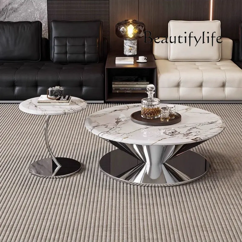 

Italian minimalism, flying saucer floating coffee table, living room Bulgari microcrystalline marble, circular side table set de