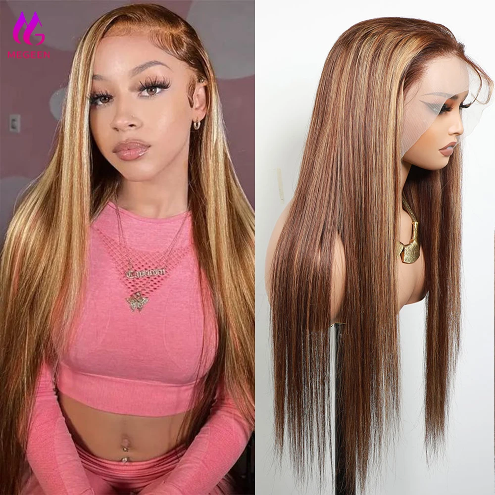 

Megeen Straight Lace Frontal Wig 100% Human Hair Highlight P4/27 Colored Human Hair Pre Plucked Honey Blonde 13x4 Lace Front Wig