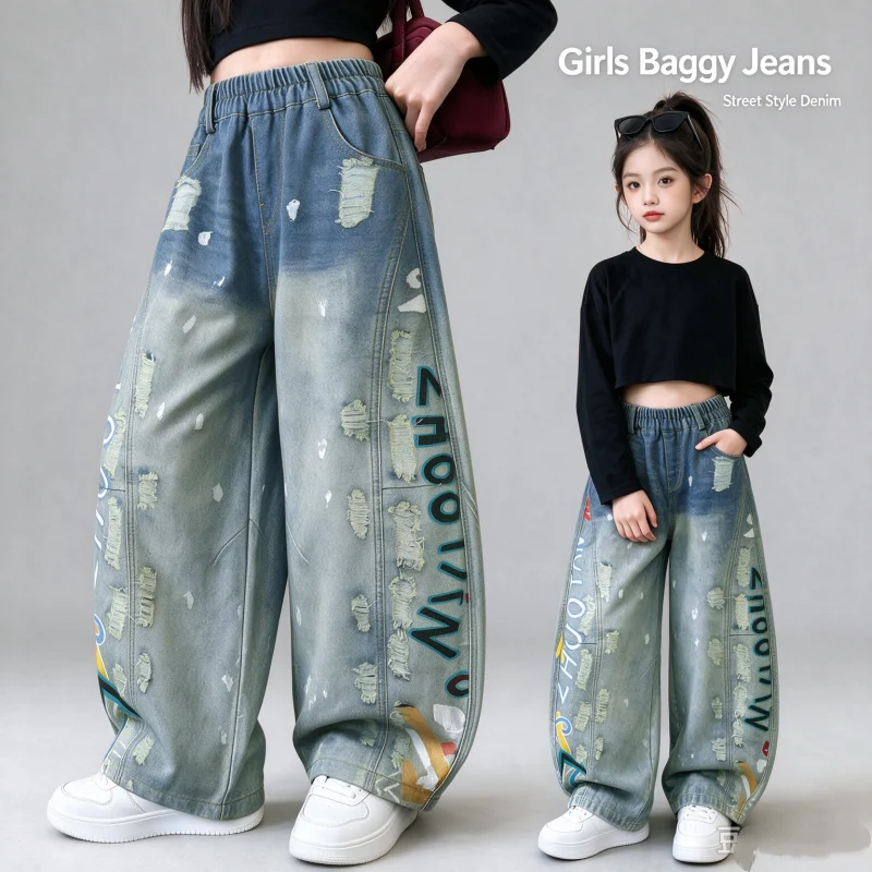 Girls Curved Baggy Jeans Distressed Graffiti Print Wide Leg Denim Pants Winter Elastic Waist Streetwear Trousers for 6-16Y Teen
