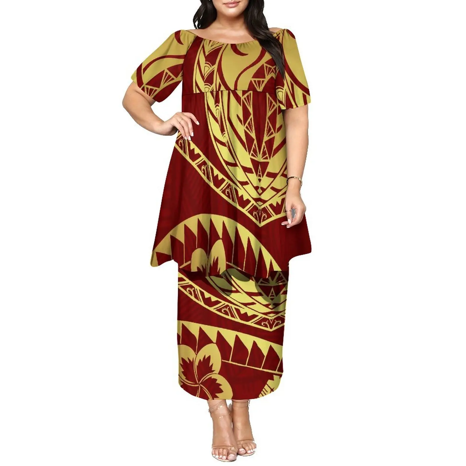 Vestido feminino estampado polinésio personalizável, sem impostos, manga borboleta, manga média, camada dupla, design, vestido puletasi