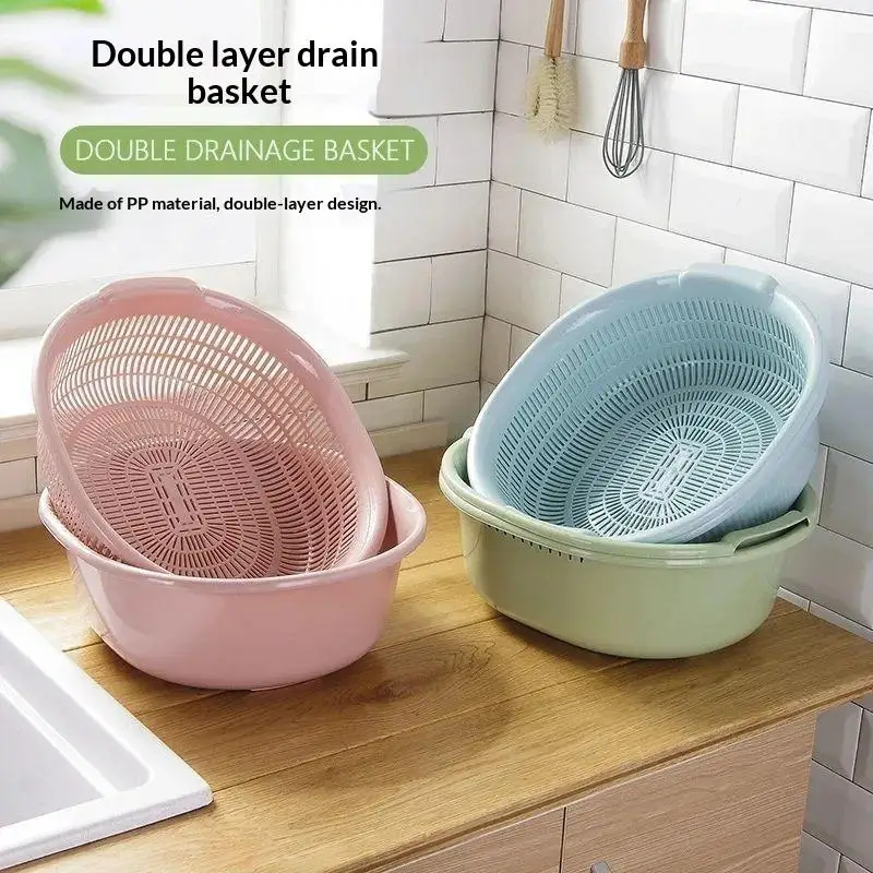 Double Layer Plastic Colander Set Thick Drain Basket Vegetable Fruit Washing Bowl For Kitchen Food Prep Storage Washing