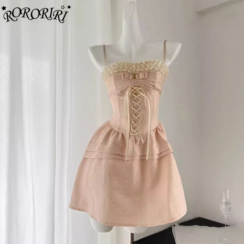 

RORORIRI Women's Bow Stitch Mini Princess Dress Lace Trim Spaghetti Straps Tie Front Lolita One-piece Balletcore Summer Clothes