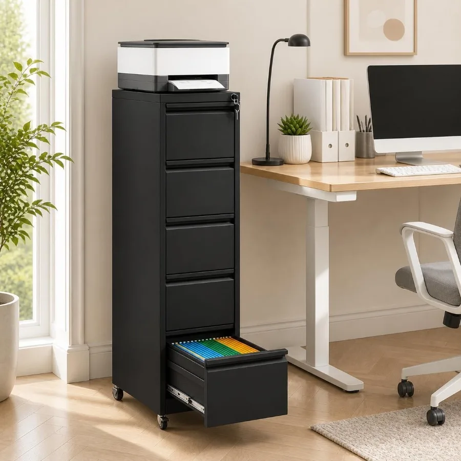 Office Metal 5-Drawer Mobile File Cabinet with Wheels and Lock, Gray, Heavy-Duty Steel Construction for Smooth Rolling and Secu