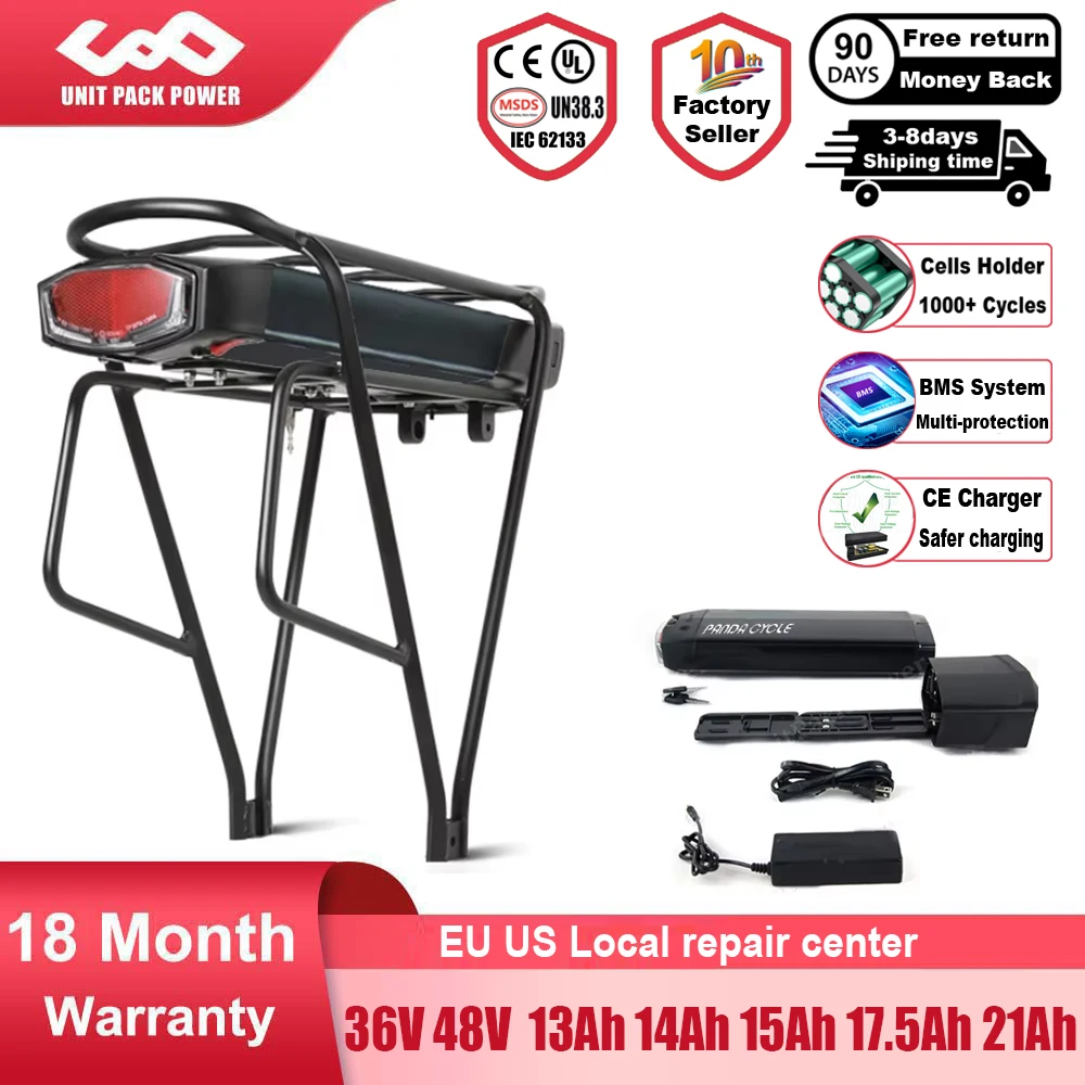 Ebike Batterie 36V 18Ah 17,5Ah 13AH 15H Gepäckträger Elektrische Fahrrad Batterie 18650 27100 Pack für 36V 250W 350W 500W Motor Kit