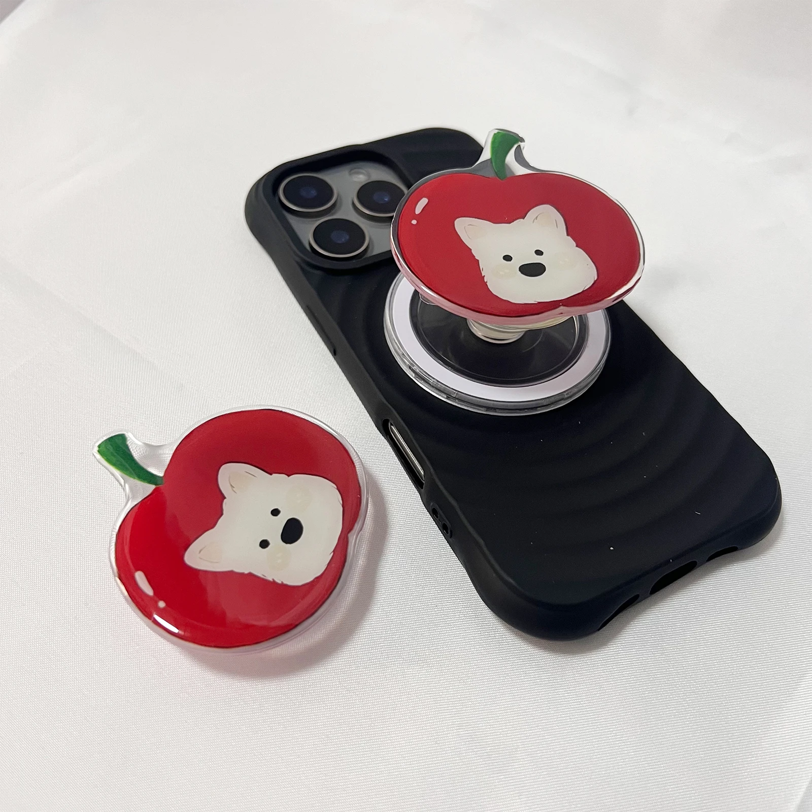 Bonito animal de estimação vermelho apple e ahite cão suporte do telefone griptok suporte para iphone 17 16pm samsung caso soquete suporte presente da menina