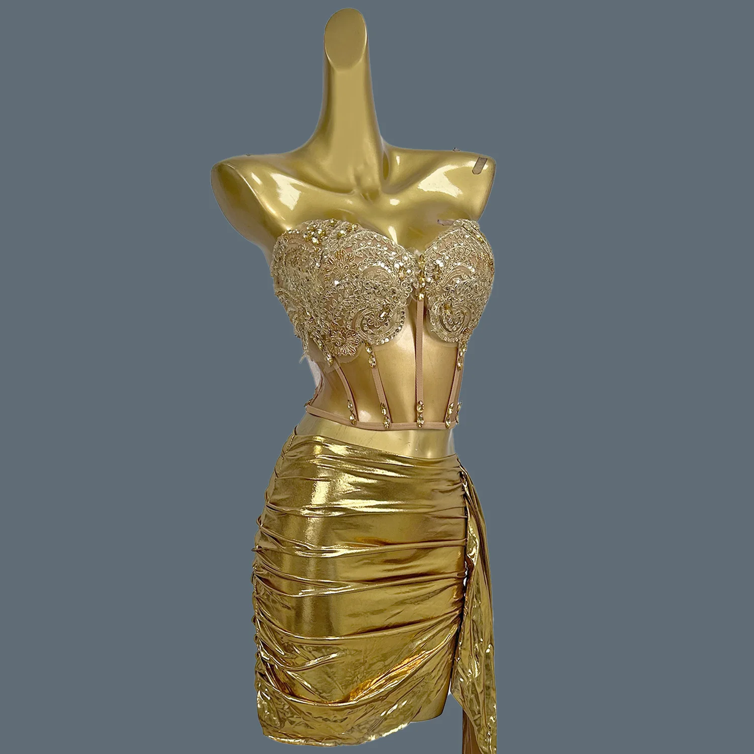 Luxury Gold 2-Piece Set Prom Gown Outfit Formal Occasion Cocktail Dress Sexy Girls Short Prom Dress Birthday Mini Dress Huangjin view 3