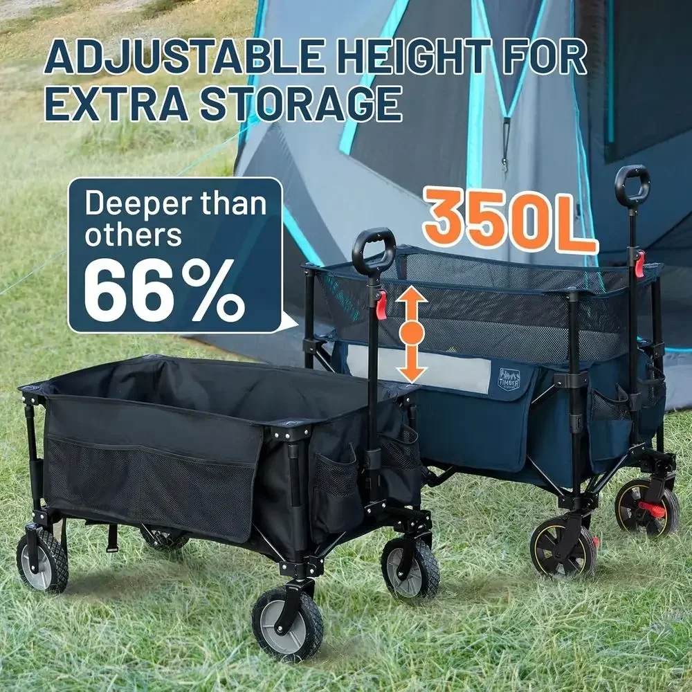 Large 350L Collapsible Utility Cart with Extended Height, Brakes, and Cup Holders for Beach, Camping, and Shopping - Blue Small