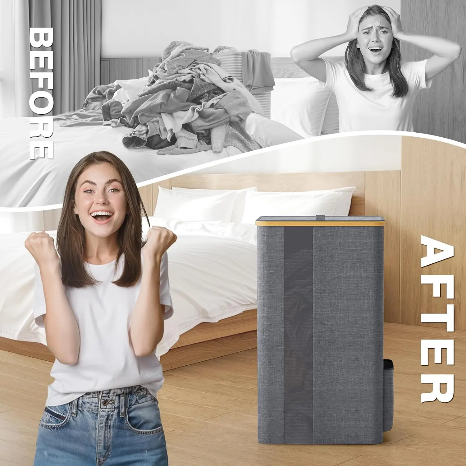 100L Laundry Hamper with Lid & Removable Mesh Bag, Breathable Design for Bedroom Bathroom Dorm Storage - Light Grey