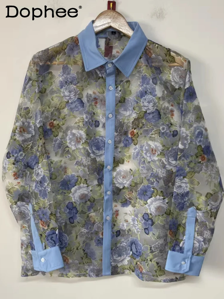 

Men's 2025 Spring Autumn Shirts High-end Slightly Transparent Organza Trendy Simple Shirts Fashion Versatile Long Sleeve Tops