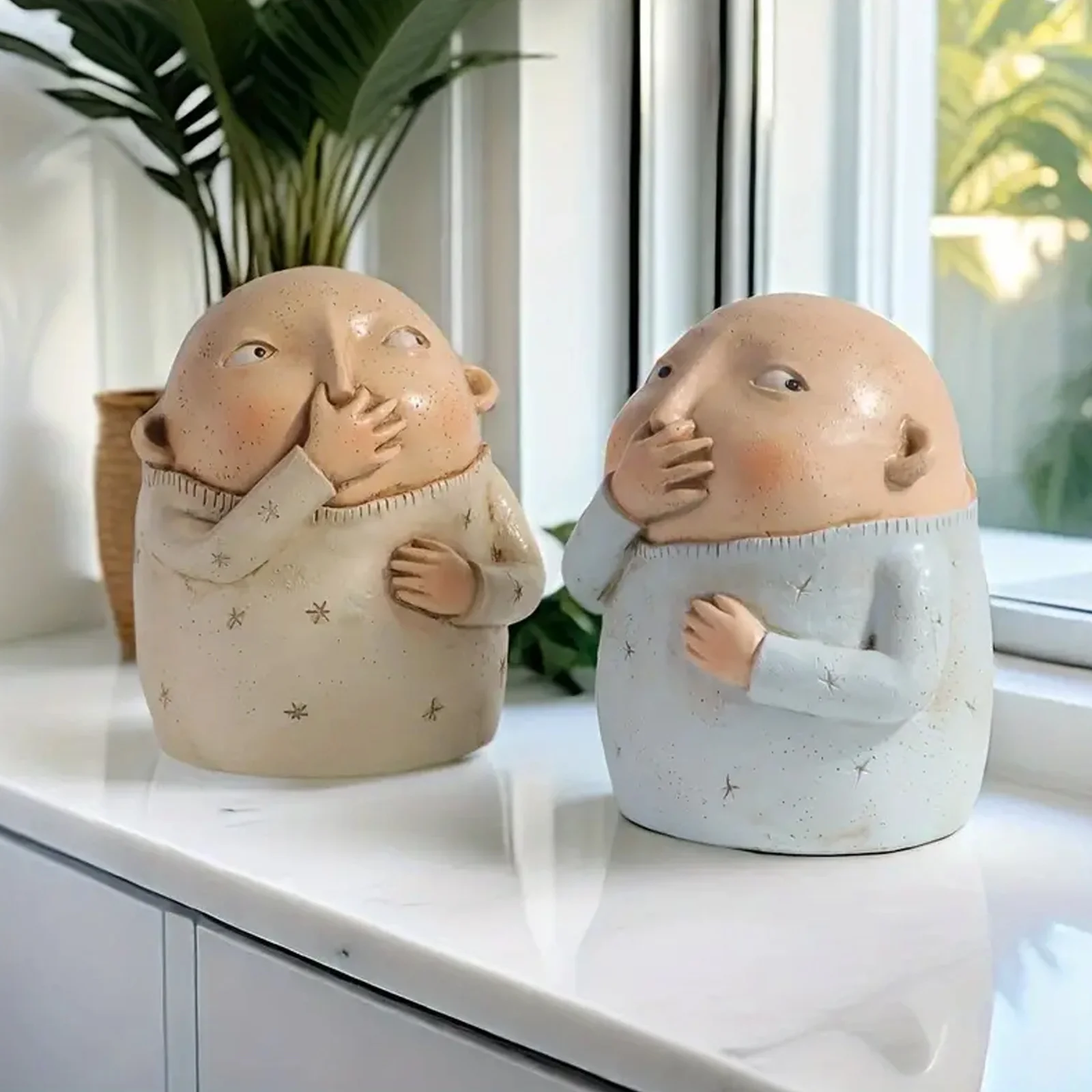 A Whimsical Resin Figure Statue With A Blue Sweater Playful Nose Pinching Posture, Living Room, Study, Bedroom, Office