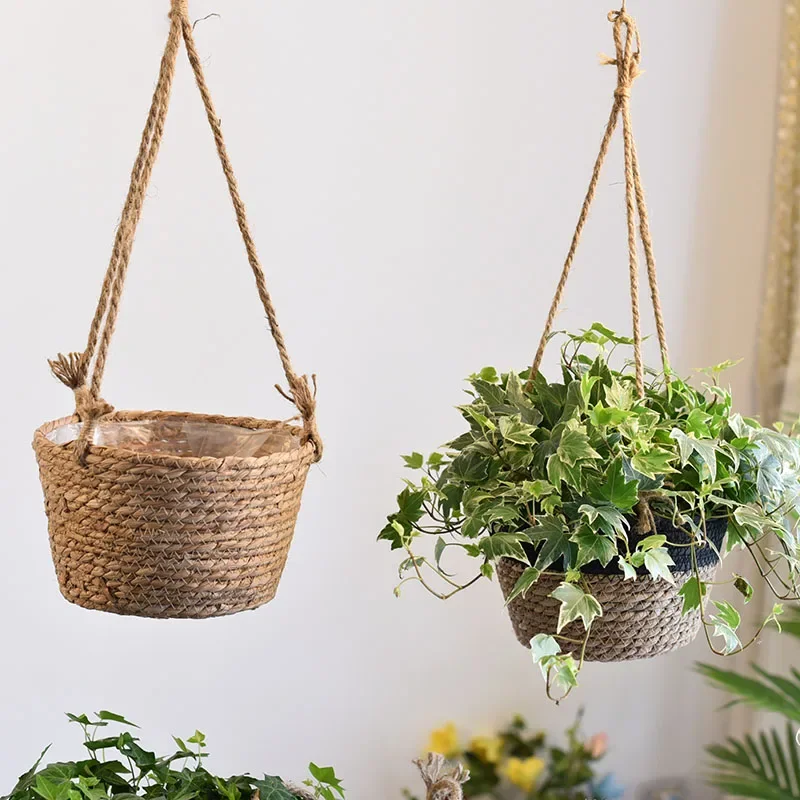 Hanging Basket Straw Woven Flowerpot Chlorophytum Comosum Hanging Basin Rattan Woven Flower Basket Hanging Woven Hanging Type