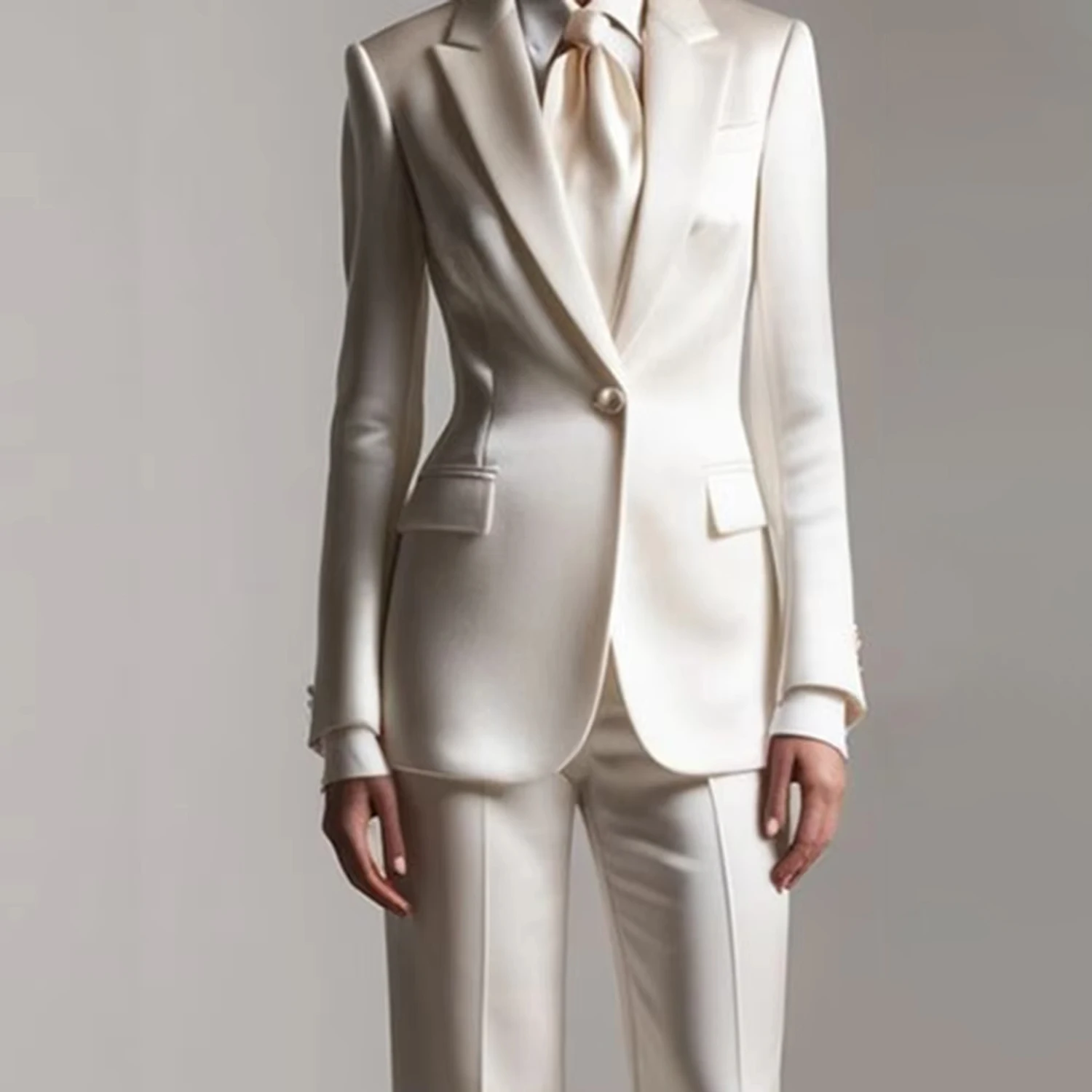 Allingentle Acetate Satin Ivory Women's Suit Slim Fit Business Pantsuit 2 Piece Suit Elegant Outfit for Casual Office Customize