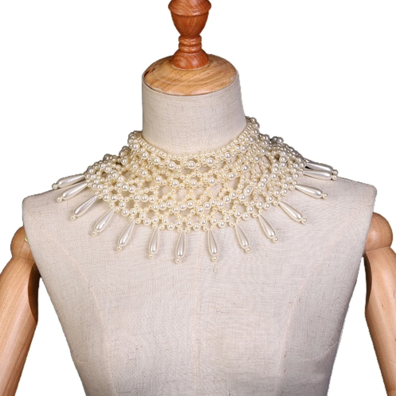 

Wedding Dress Statement Necklace Luxurious Hollow Out Pearl Beaded Pendant Bib Choker Body Chain Shawl Collar