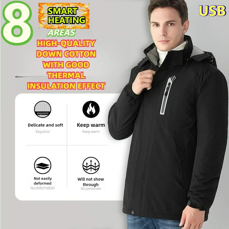 COMXZ Mens 8 Zone Heated Jacket USB Rechargeable Electric Heating Windproof Winter Thermal Coat Waterproof Outdoor Work Wear​
