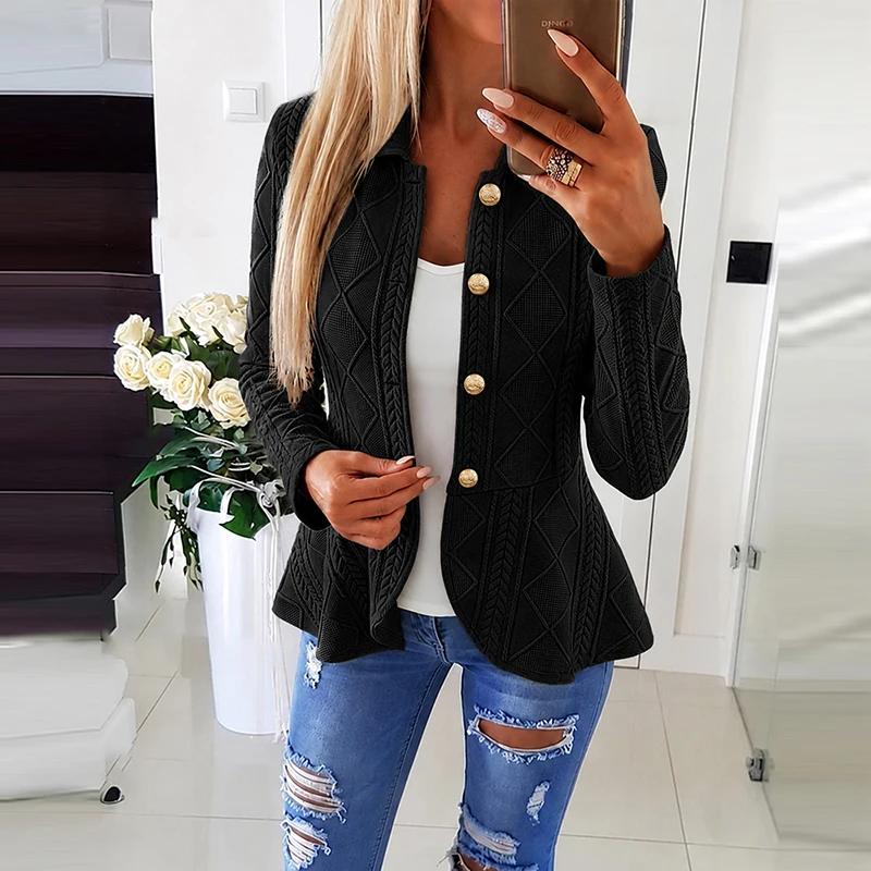 Fashion Lapel Slim Office Commuting Outwear Simple Solid Color Knit Jacquard Sweater Casual Single Breasted Long Sleeved Jacket