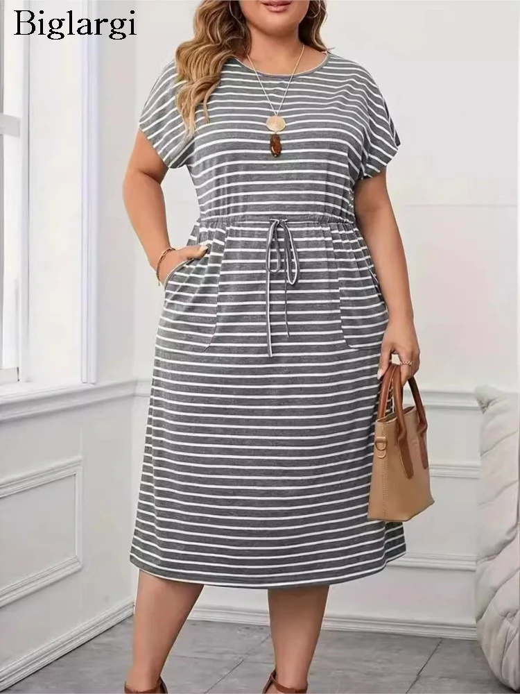 Plus Size Summer Striped Print Midi Dress Women Short Sleeve Casual Fashion Ladies Dresses Loose Pleated Ruffle Woman Dress