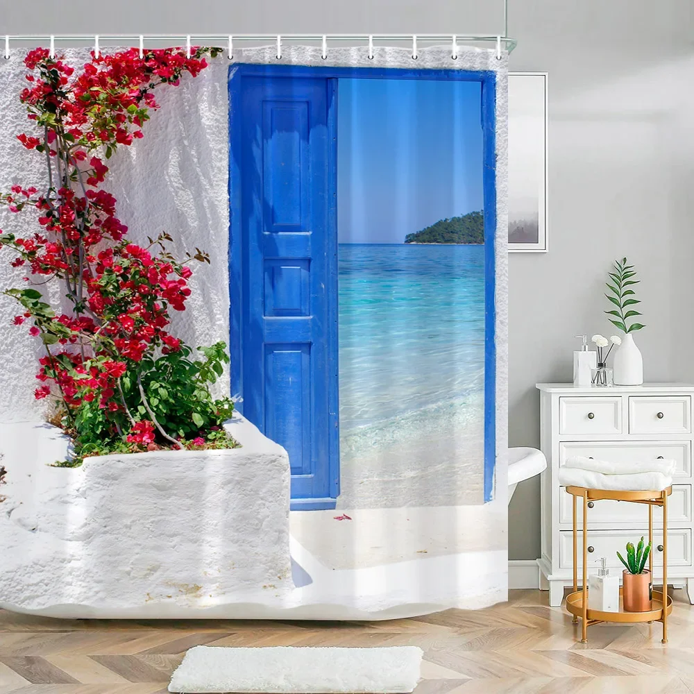 Greek Town Street View Shower Curtain Blue Wooden Doors Windows Flower Plant Wall Decor Bathroom Hanging Curtains Set With Hooks