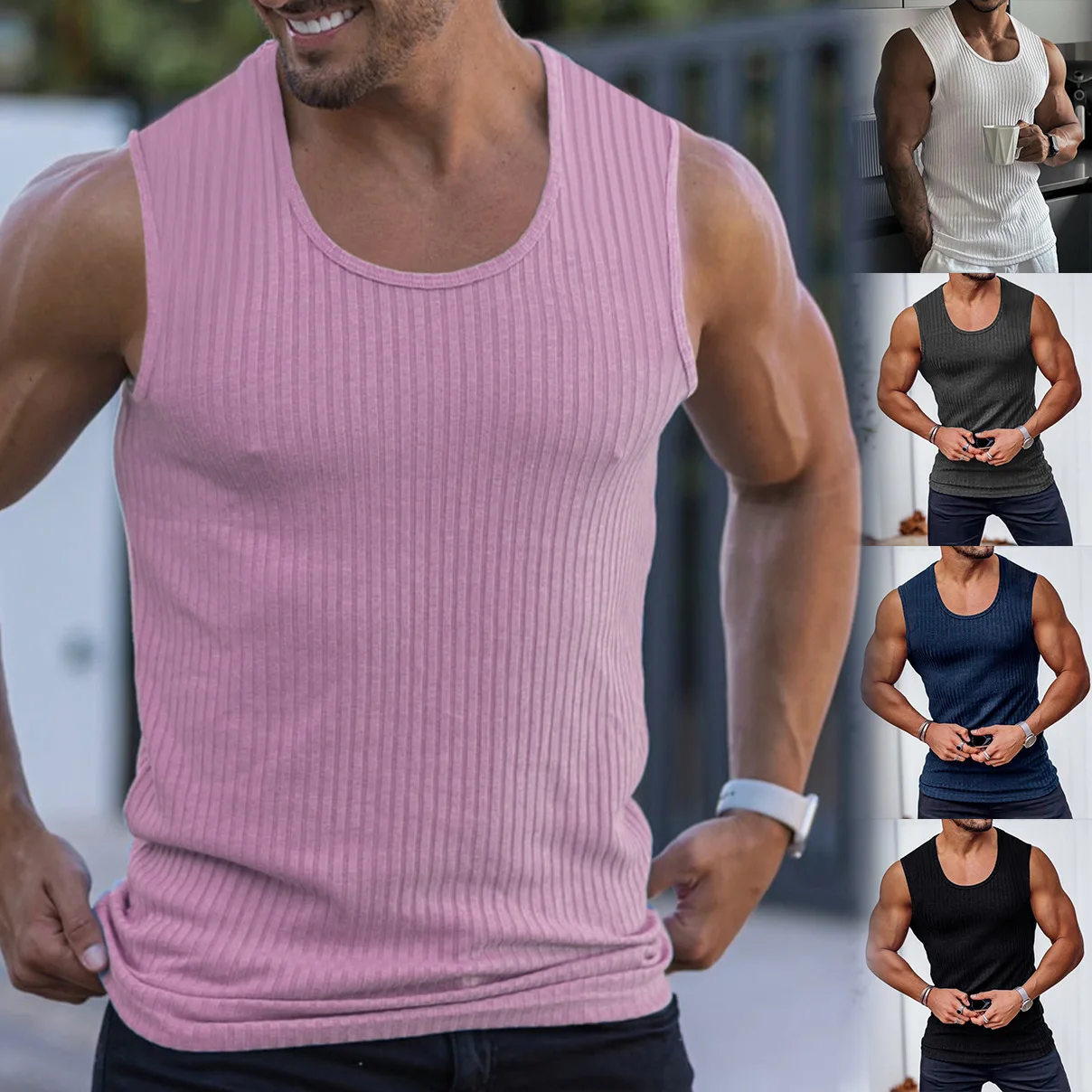Summer Men's Sleeveless Wide Shoulder Knitted Striped Fitness Sports Casual Slim Fit Vest Men's