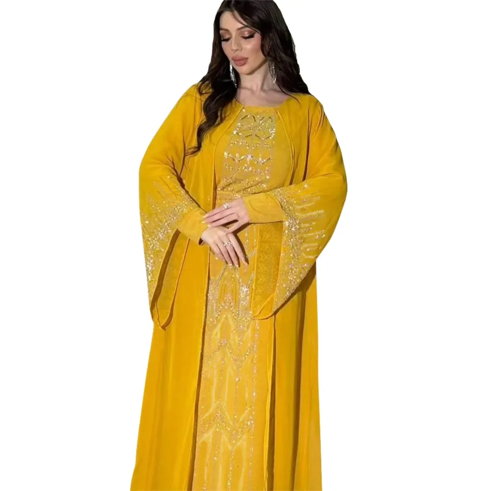2024 Dubai Abaya Autumn Fashion Muslim Long Sleeve V-neck Party Evening Maxi Dress Kaftan clothes for Muslim Dress Women Outfits