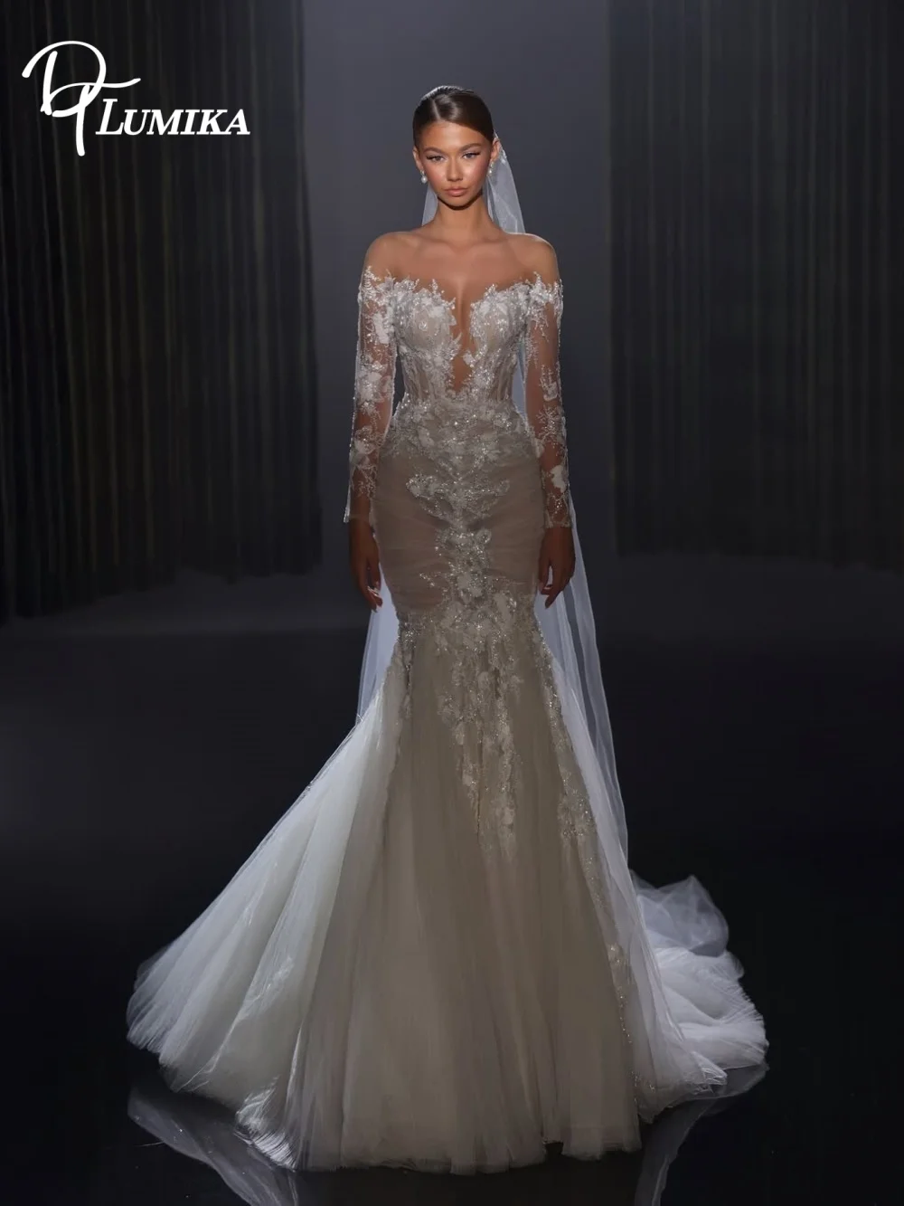 Ethereal Off The Shoulder Wedding Dress  Long  Lace Sleeves 3D Floral Appliques Beaded Bridal Gown Customized Vestidos De Novia