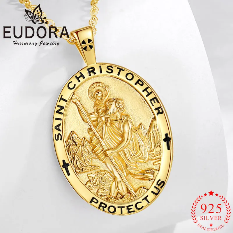 

Eudora Saint Christopher Necklace 925 Sterling Silver Plated 18K Gold Cross Pendant Catholic Jewelry Religious Gift for unisex