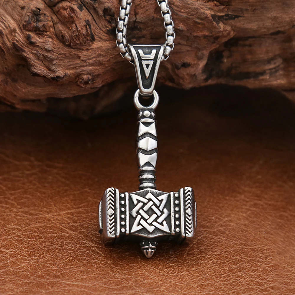 Stainless Steel Viking Thor Hammer Pendant Necklace Unisex Gothic Punk Norse Knot Symbol Punk Fashion Jewelry Gift