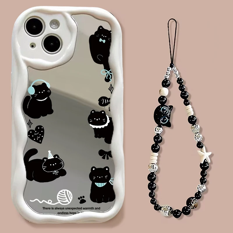 Capa de telefone para iphone 15 pro max 14 11 12 13 mini xr 6s 6 8 7 plus xs se 2022 espelho de maquiagem preto gato pulseira capa de corrente