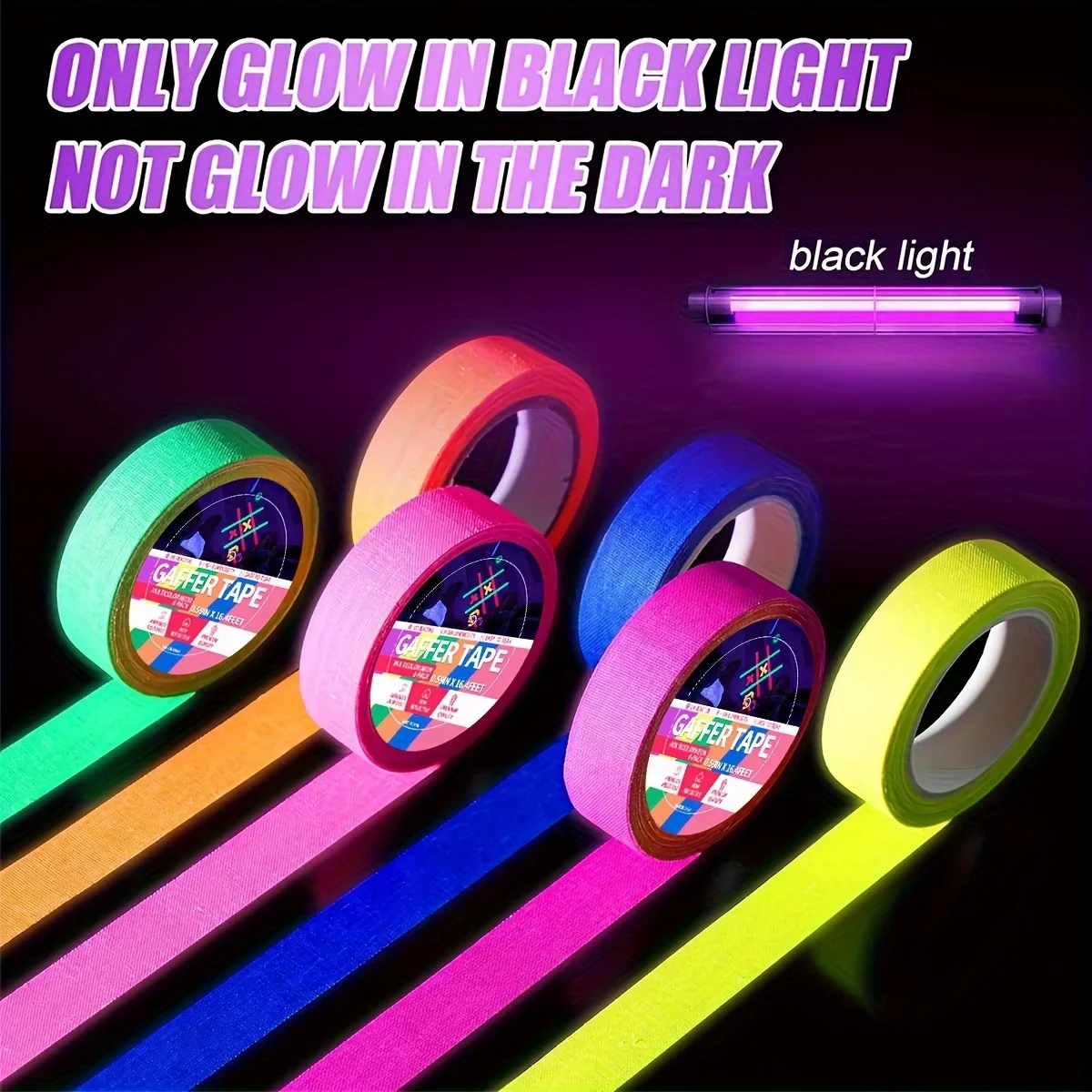 6 colori Neon Gaffer Cloth Tape fluorescente Rainbow Color Party bagliore Non riflettente sotto UV Black Light in The Dark Tape