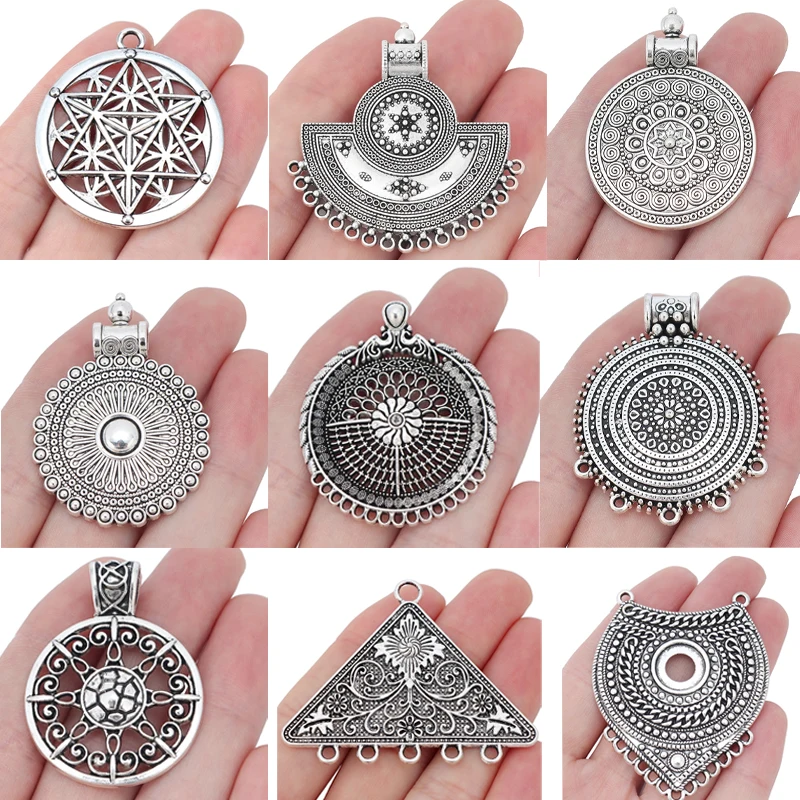 5pcs Large Round Flower Charms Medallion Connector Tribal Pendants For DIY Necklace Jewelry Making Finding 48x35mm