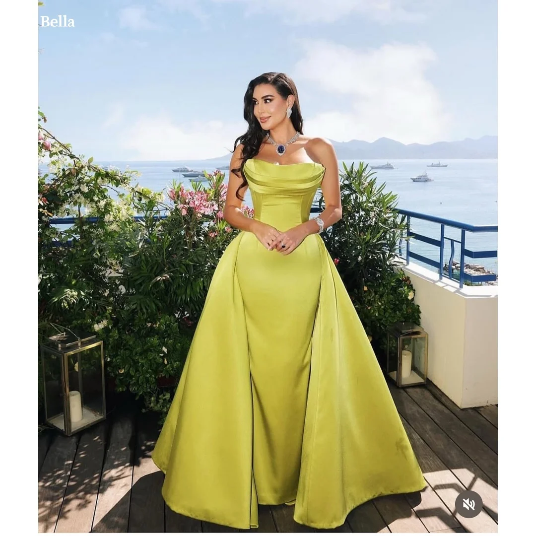 

Bella Customized Yellow Strapless Backless Sleeveless robes de soirée A-line Satin Party Dresses Floor-Length Prom Dress 2025
