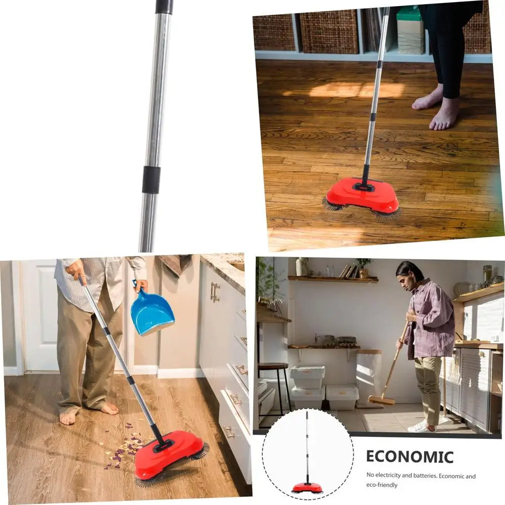 

Adjustable Handle Floor Sweeper with Dustpan and Bin for Hard Floor Cleaning, Red