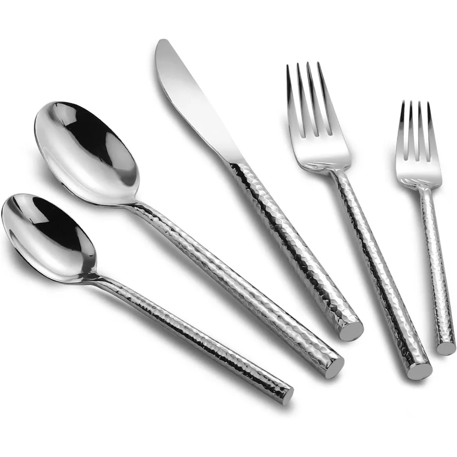 

18/10 Stainless Steel Flatware Set Hand Forged Silverware Set Cutlery Set Round Hammered Heavy Duty 60 Pieces Service for 12