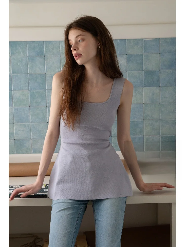 

Eggka Pure Color Knitted Vest Women's Summer Slim Fit Svel Square Collar Bal Design Sense Sweet Sle Top