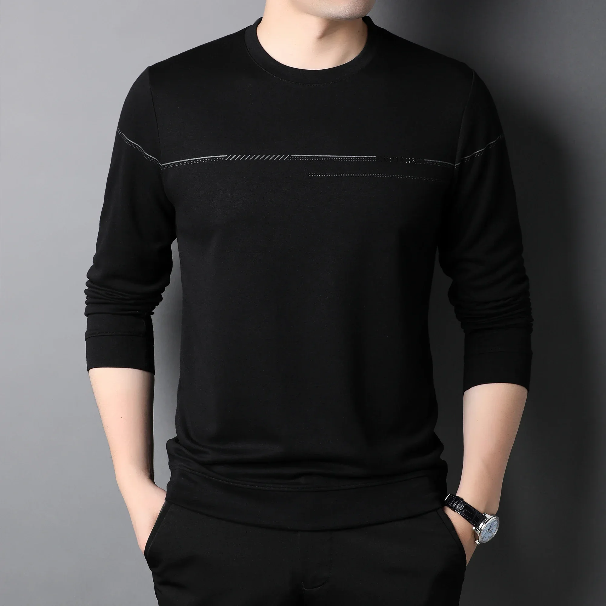 Long Sleeved T-shirt Men's Spring Autumn Loose Fitting Casual Sweater, Middle-aged Men's Round Neck Top for Male L007