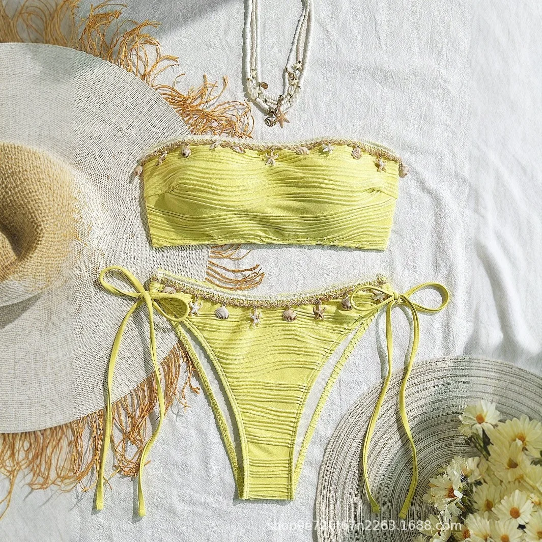 2025 Summer New Sexy Lace Up Strapless Women Split Swimsuit Fashion Shell Tassel Decoration Female Bikini Sets