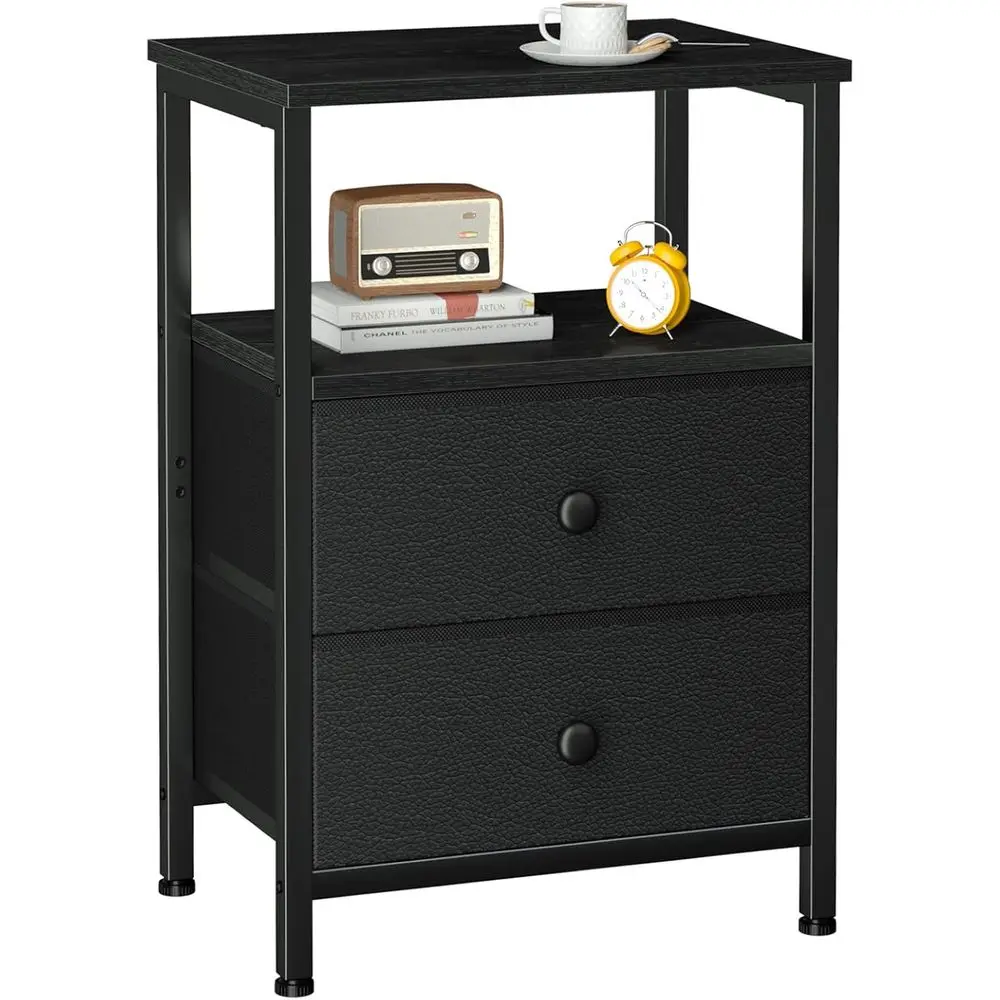 

Night Stand with 2 Fabric Drawers Bedroom Small End Table Open Storage Shelf Living Room Bedside Table Black HETS002BK