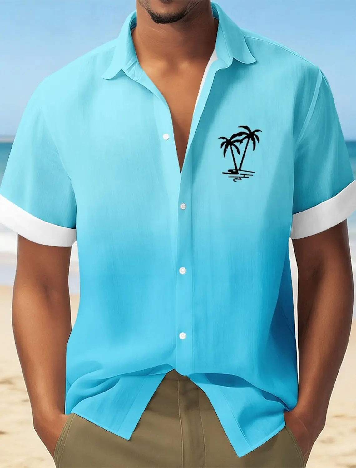 

Men's Coconut Tree Gradient Tropical Hawaiian Shirt, Button Up Aloha Short Sleeve Beach Wear, Turndown Collar, 3D Print Top